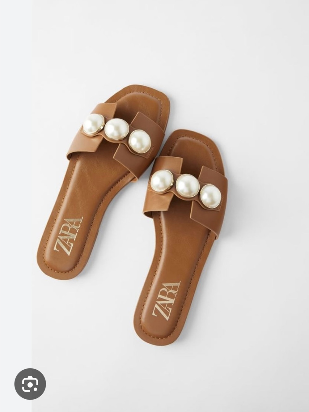 Zara Tan Slide Sandals with Pearl Accents